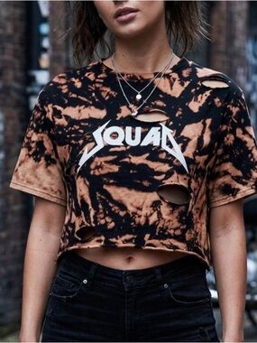 Fashion Nova Black & Tan Bleached Distressed Crop Tee